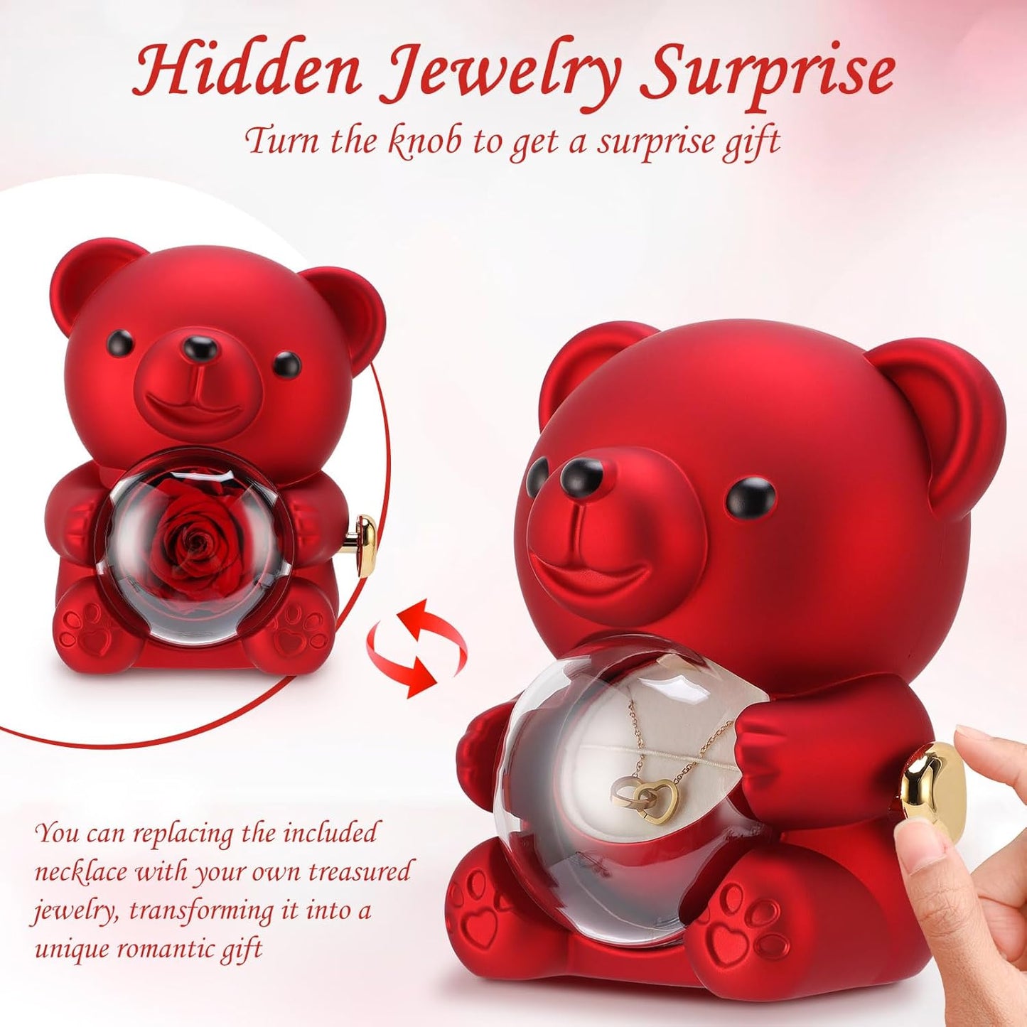 Boîte Cadeau Collier Caché – Boîte à Bijoux Ours Rose Rotatif