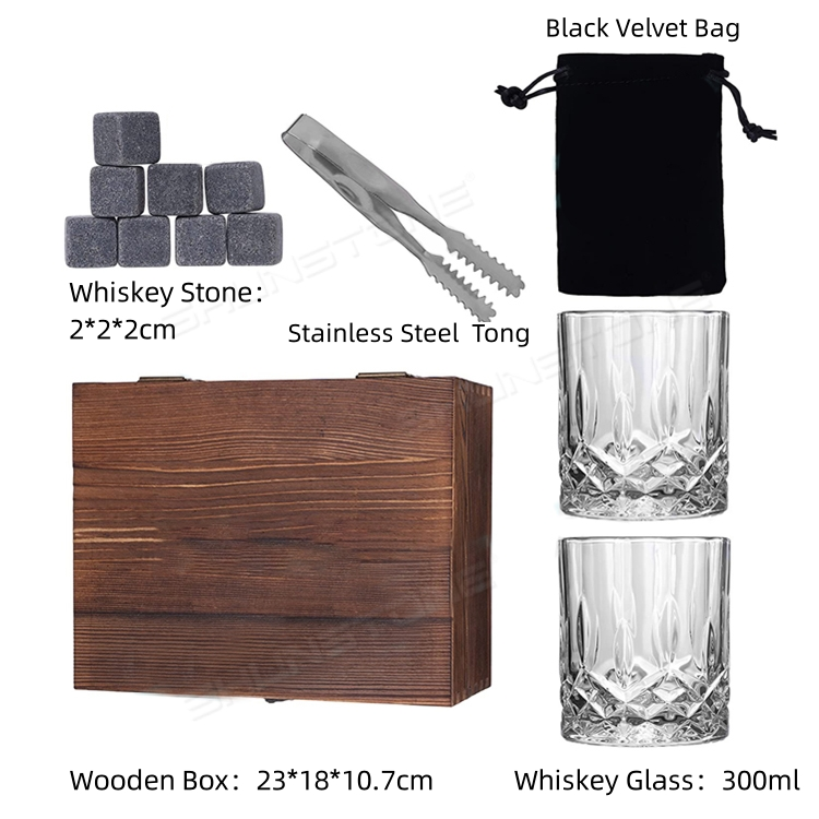 Coffret Cadeau Whisky – Boîte en Bois avec 2 Verres et Pierres à Whisky