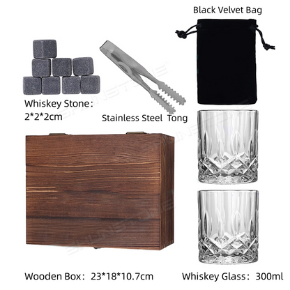 Coffret Cadeau Whisky – Boîte en Bois avec 2 Verres et Pierres à Whisky