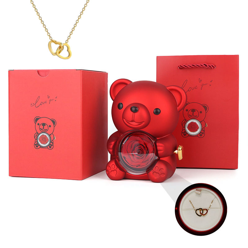 Boîte Cadeau Collier Caché – Boîte à Bijoux Ours Rose Rotatif