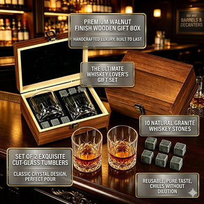 Coffret Cadeau Whisky – Boîte en Bois avec 2 Verres et Pierres à Whisky