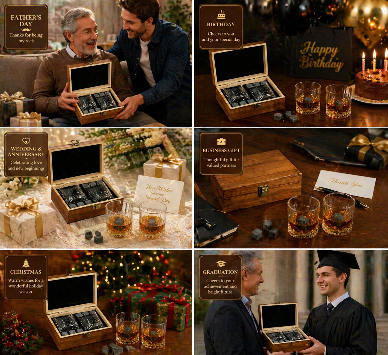 Coffret Cadeau Whisky – Boîte en Bois avec 2 Verres et Pierres à Whisky