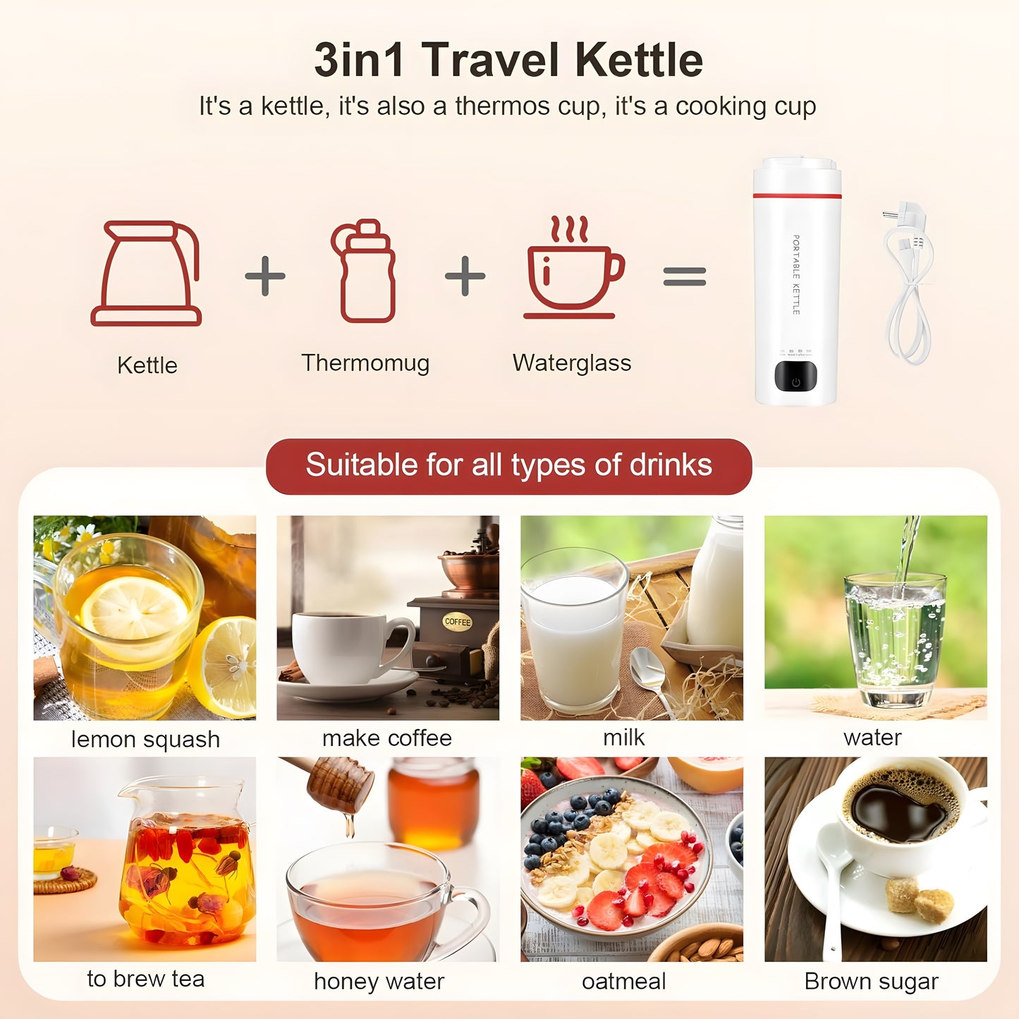 Bouilloire de voyage rechargeable – Tasse portable à contrôle de température 500 ml