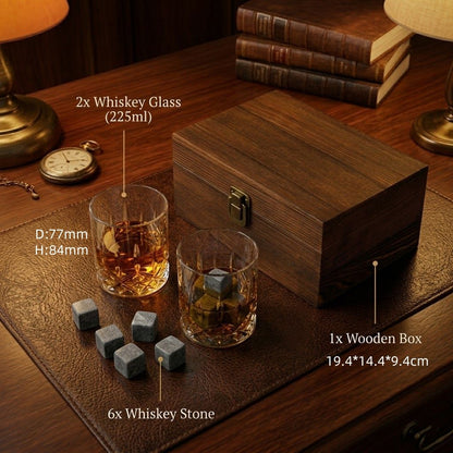 Coffret Cadeau Whisky – Boîte en Bois avec 2 Verres et Pierres à Whisky