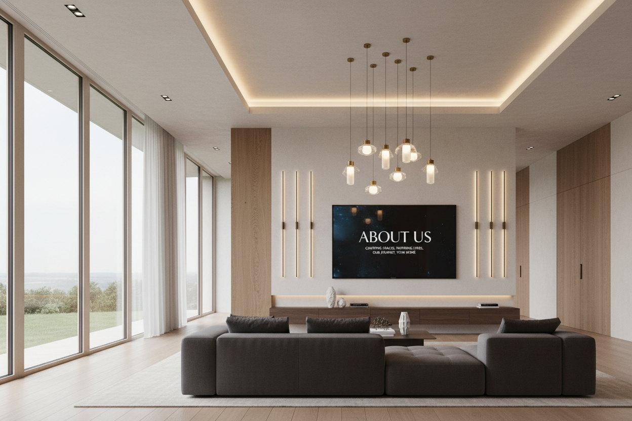 create an interiror modern house with abouit us and lights decoration